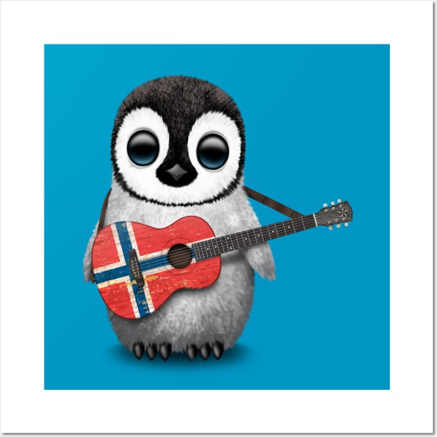 Baby Penguin Playing Norwegian Flag Guitar Wall Art by jeffbartels